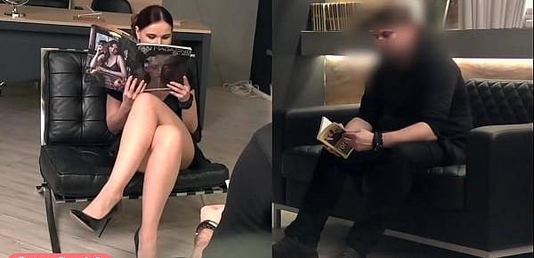  Silence. Jeny Smith with no panties teasing a man. Hidden camera office prank